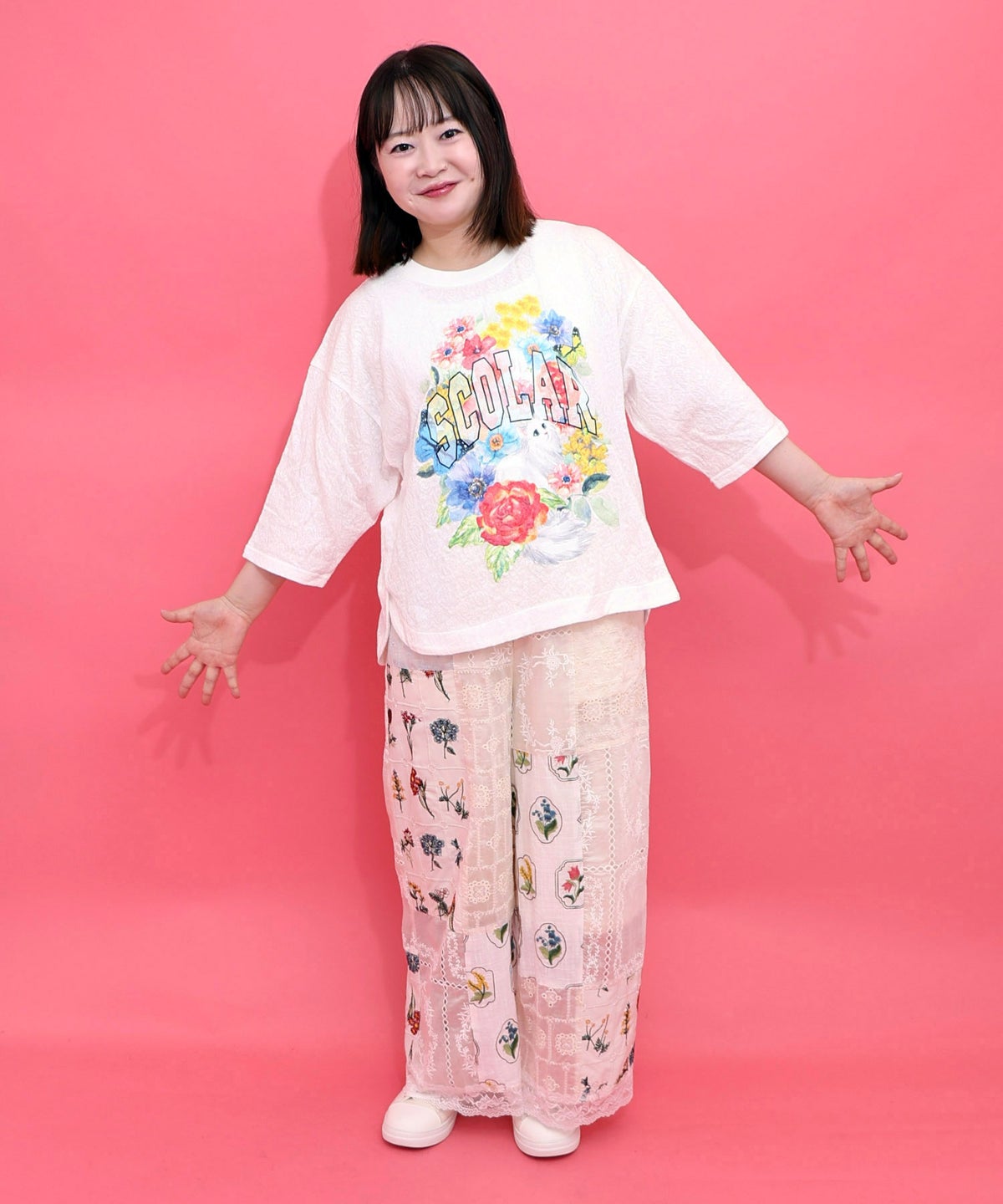 花ネコ発泡プリント ローズジャガードTシャツ-2