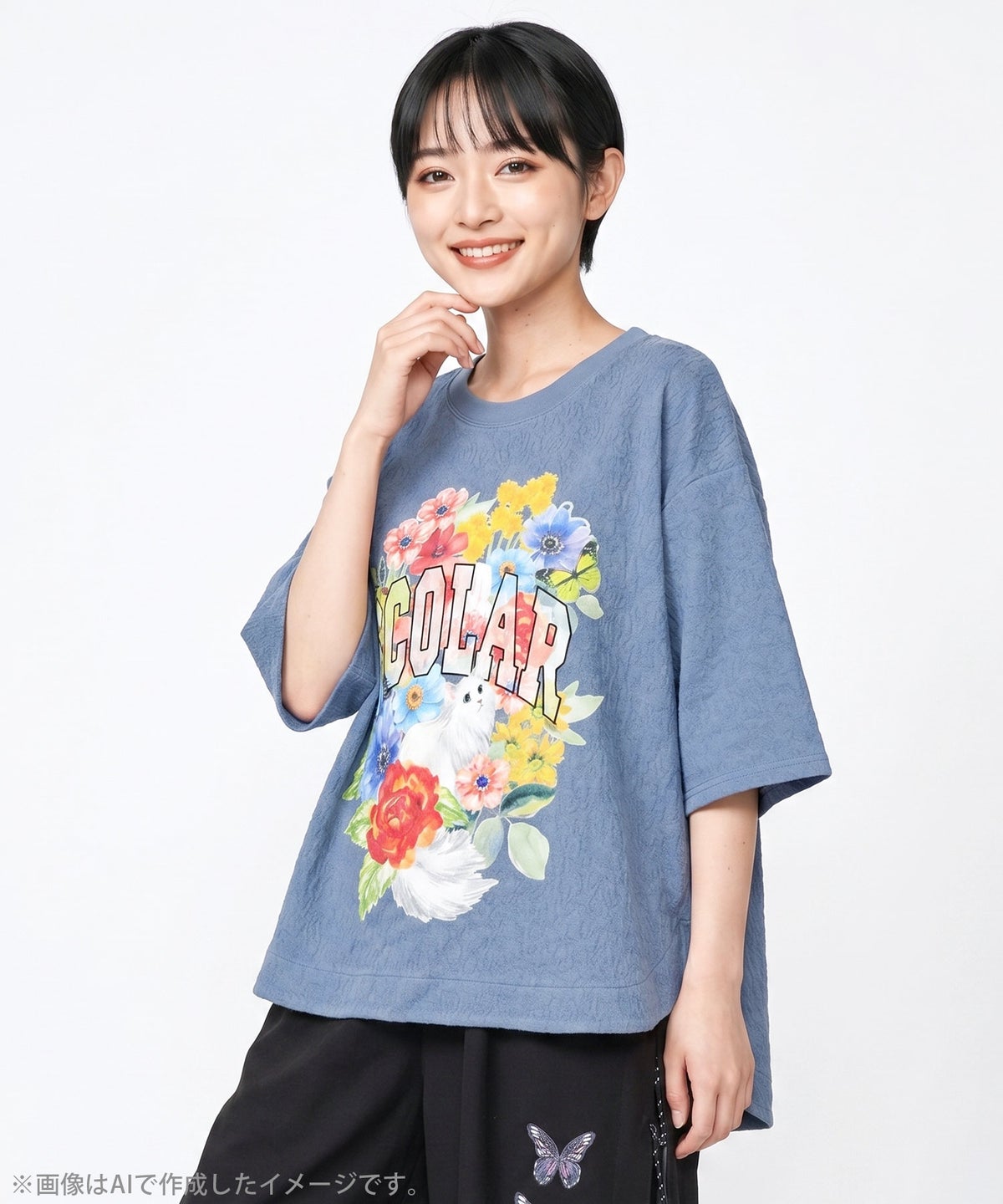 花ネコ発泡プリント ローズジャガードTシャツ-3