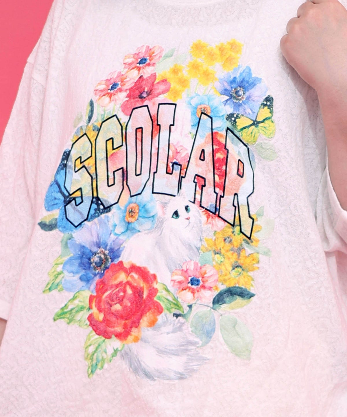 花ネコ発泡プリント ローズジャガードTシャツ-5