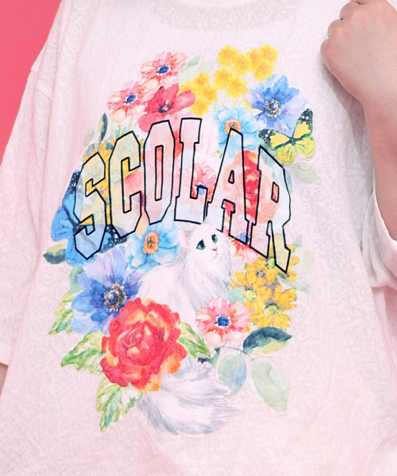 花ネコ発泡プリント ローズジャガードTシャツ-5