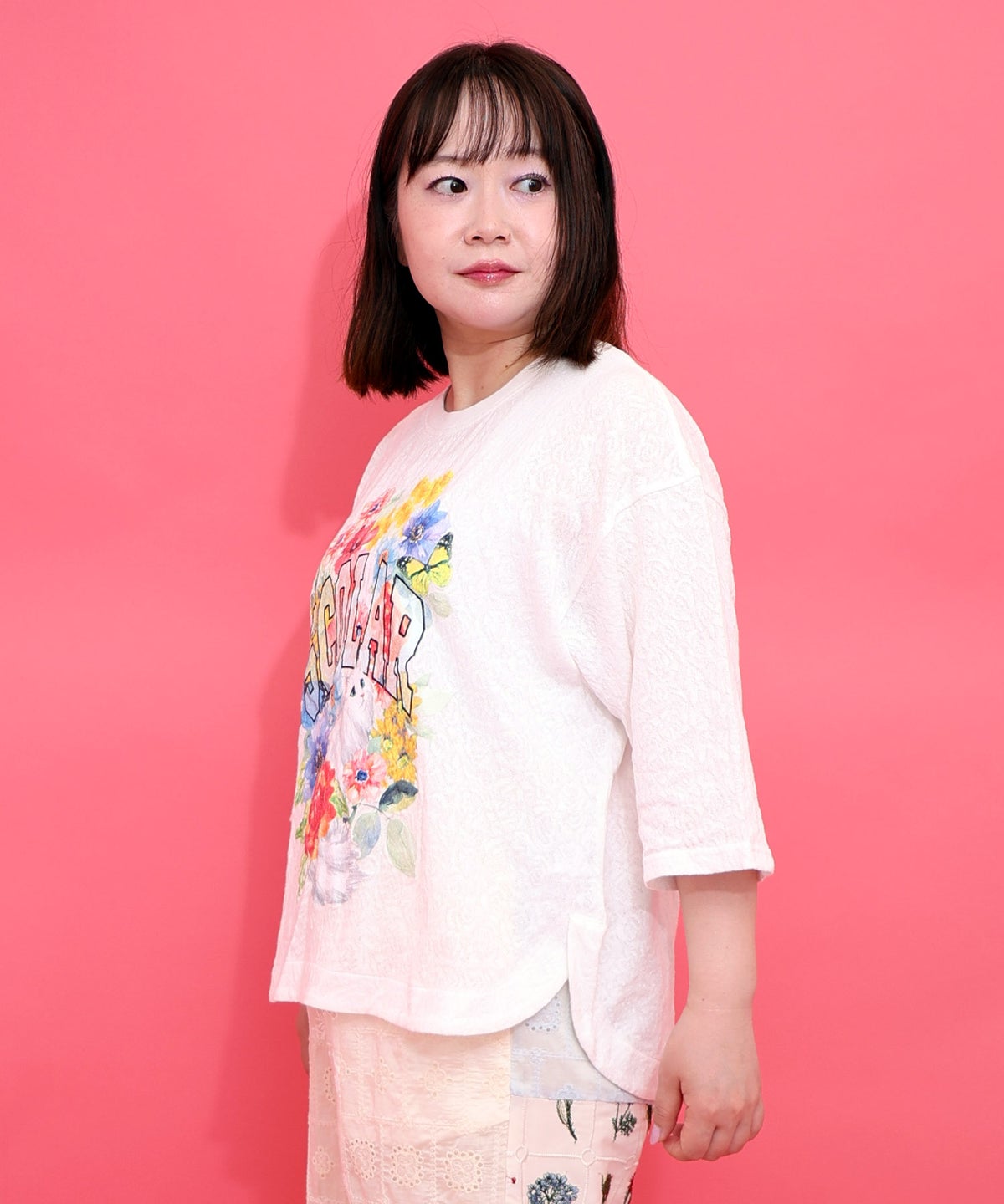 花ネコ発泡プリント ローズジャガードTシャツ-6