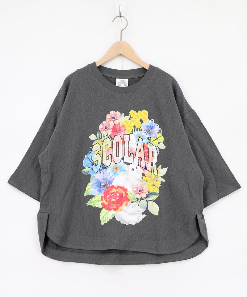 花ネコ発泡プリント ローズジャガードTシャツ-9