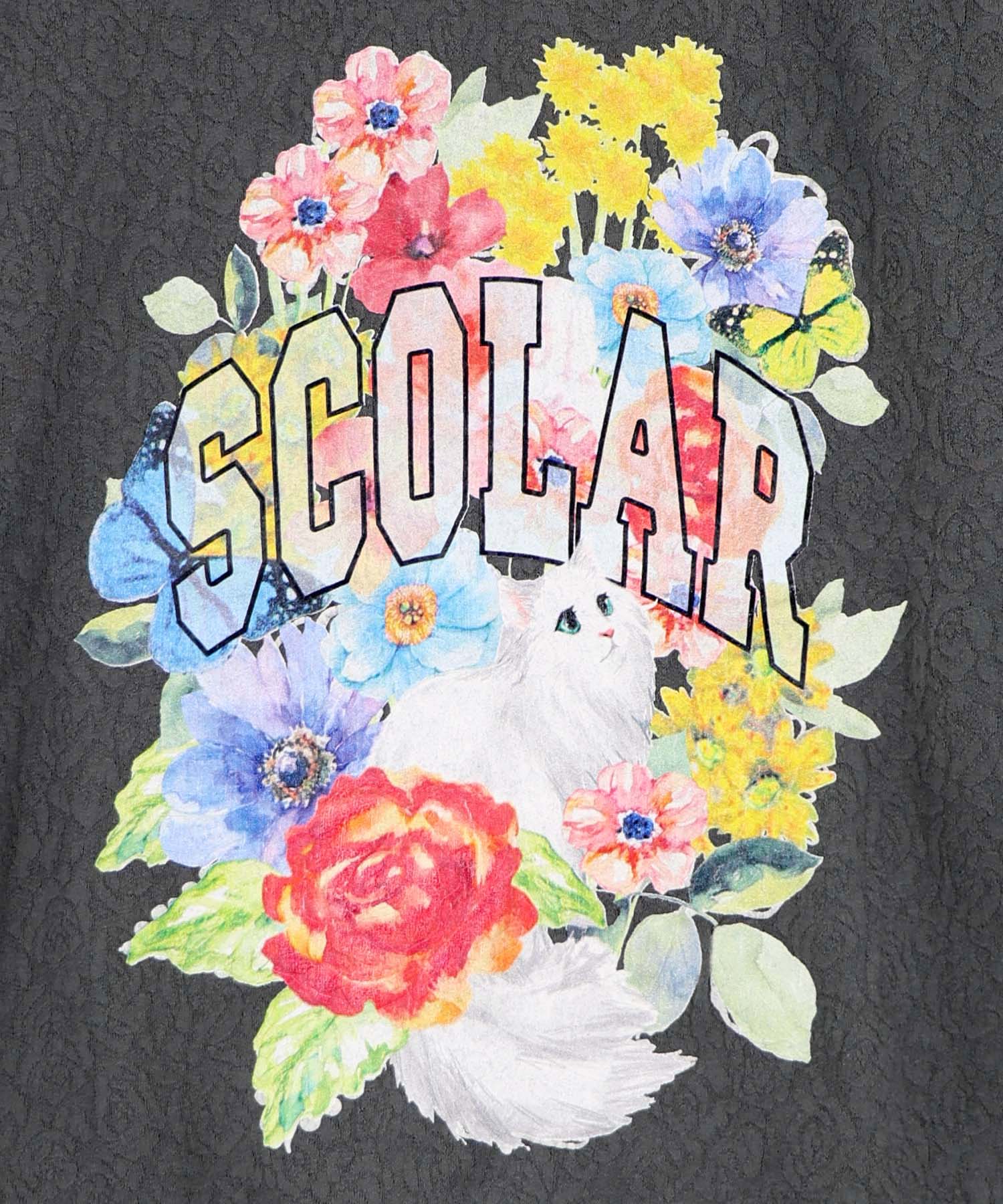 スカラー　162635：花ネコ発泡プリント ローズジャガードTシャツ 162635：花ネコ発泡プリント ローズジャガードTシャツの通販-ScoLar