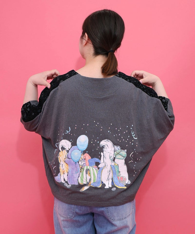 仮面舞踏会のネコ柄 ドルマンスリーブTシャツ-4