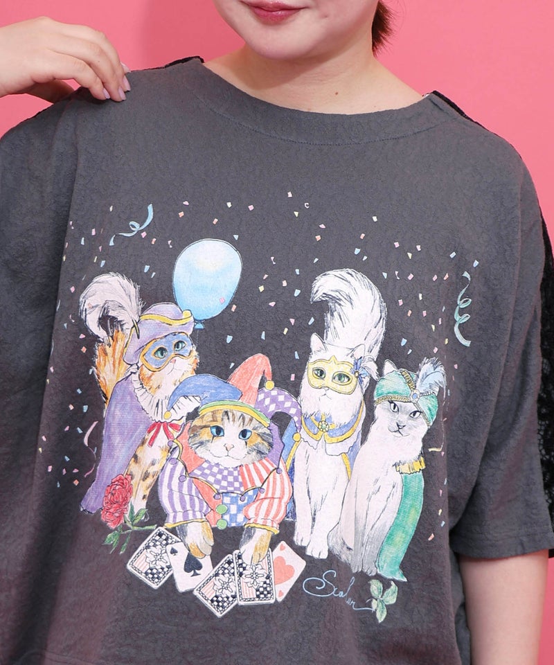 仮面舞踏会のネコ柄 ドルマンスリーブTシャツ-5
