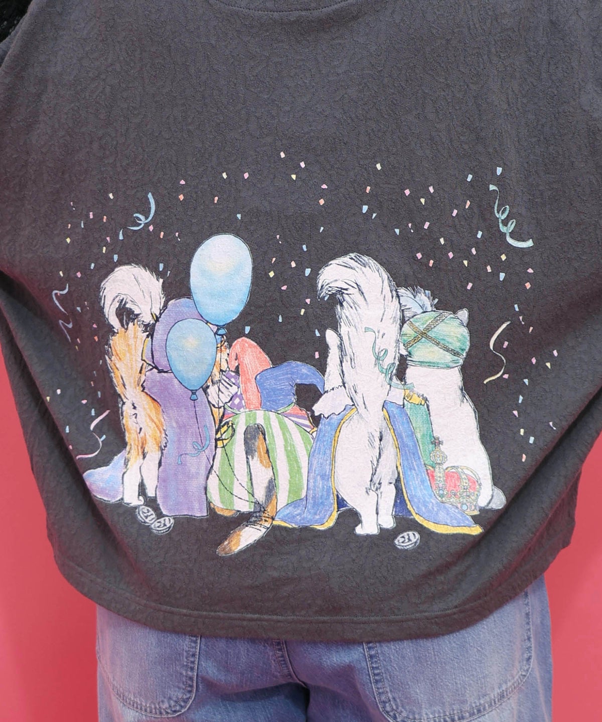 仮面舞踏会のネコ柄 ドルマンスリーブTシャツ-6