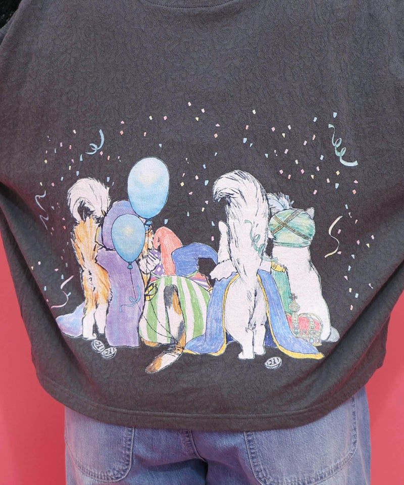 仮面舞踏会のネコ柄 ドルマンスリーブTシャツ-6