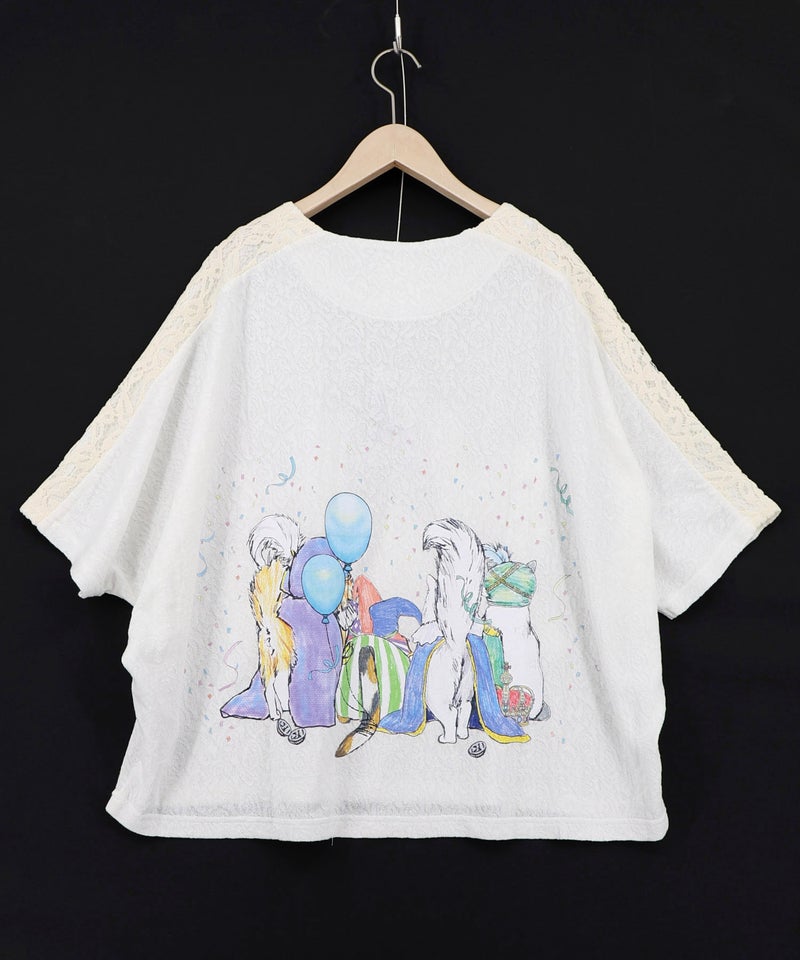 仮面舞踏会のネコ柄 ドルマンスリーブTシャツ-8