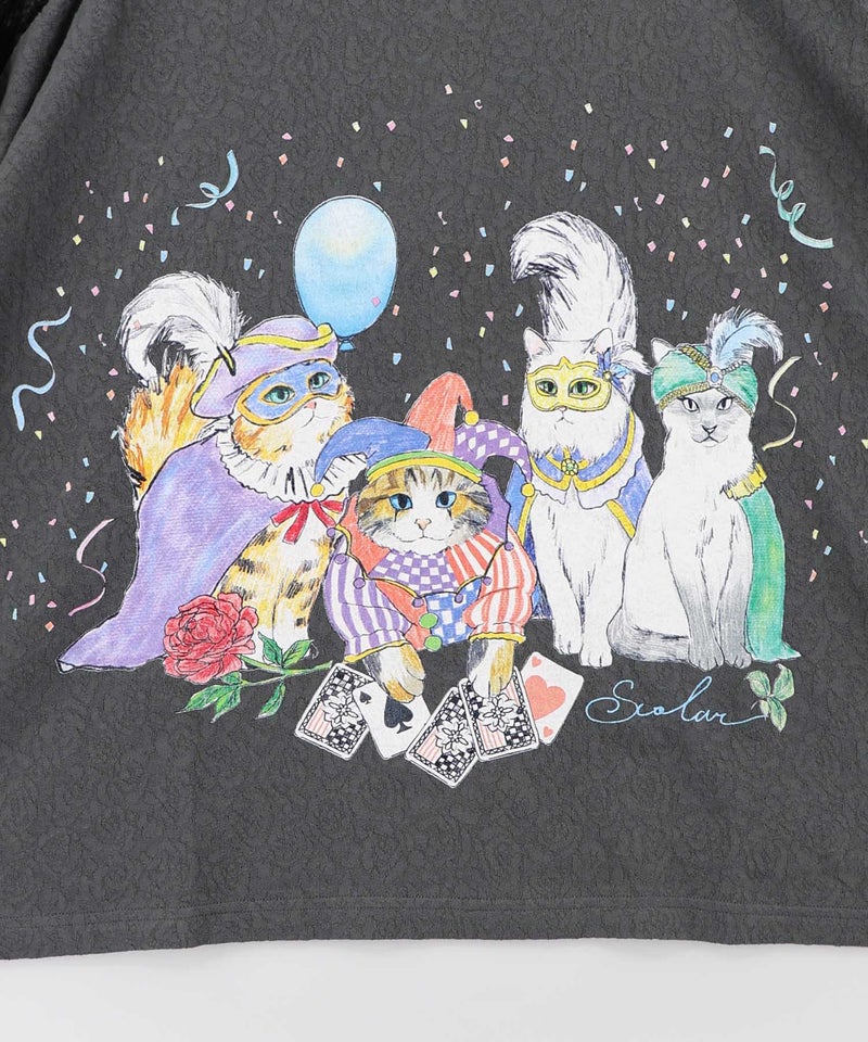 仮面舞踏会のネコ柄 ドルマンスリーブTシャツ-12