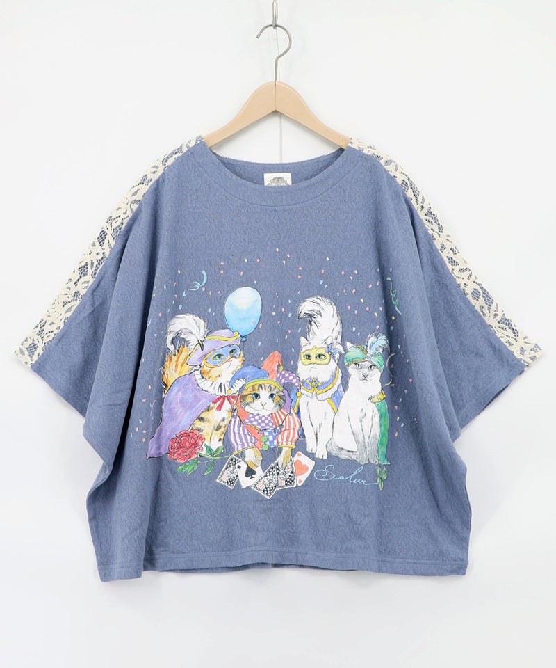 仮面舞踏会のネコ柄 ドルマンスリーブTシャツ-13