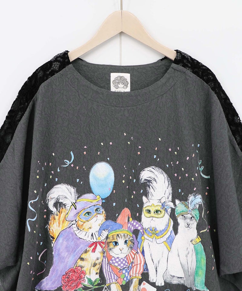 仮面舞踏会のネコ柄 ドルマンスリーブTシャツ-16