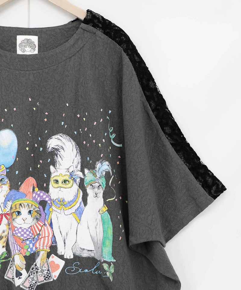 仮面舞踏会のネコ柄 ドルマンスリーブTシャツ-17