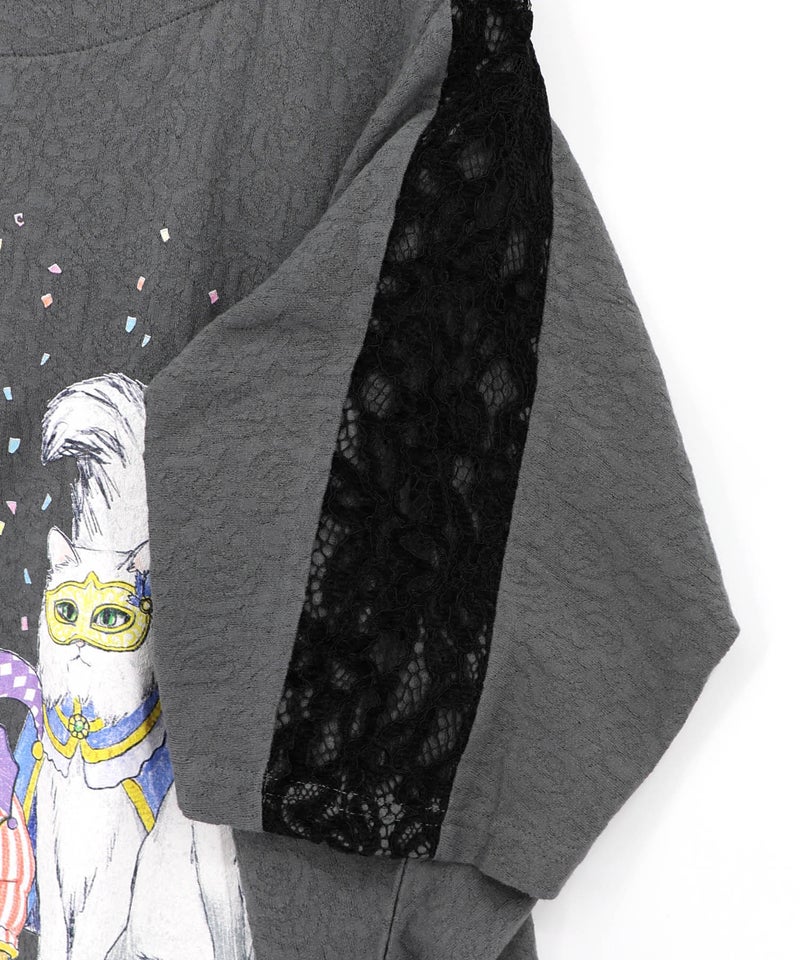 仮面舞踏会のネコ柄 ドルマンスリーブTシャツ-18