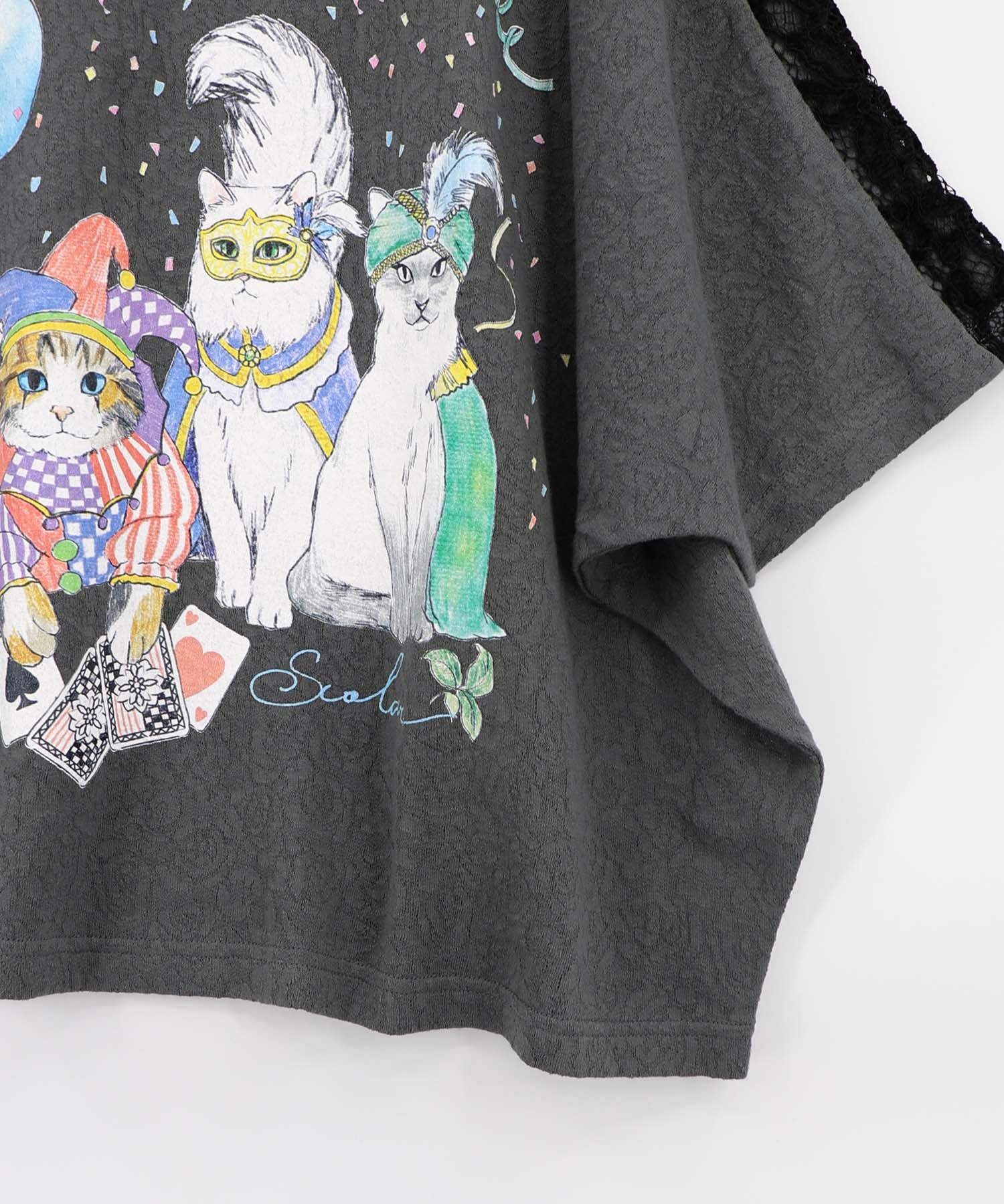 スカラー　162634：仮面舞踏会のネコ柄 ドルマンスリーブTシャツ 162634：仮面舞踏会のネコ柄 ドルマンスリーブTシャツの通販-ScoLar