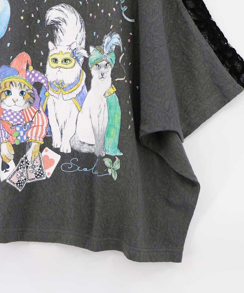 仮面舞踏会のネコ柄 ドルマンスリーブTシャツ-19