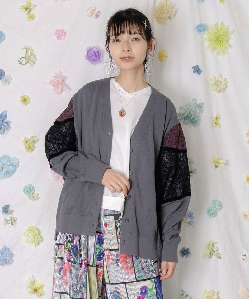 配色花レース×ローズジャガードカーディガン-1