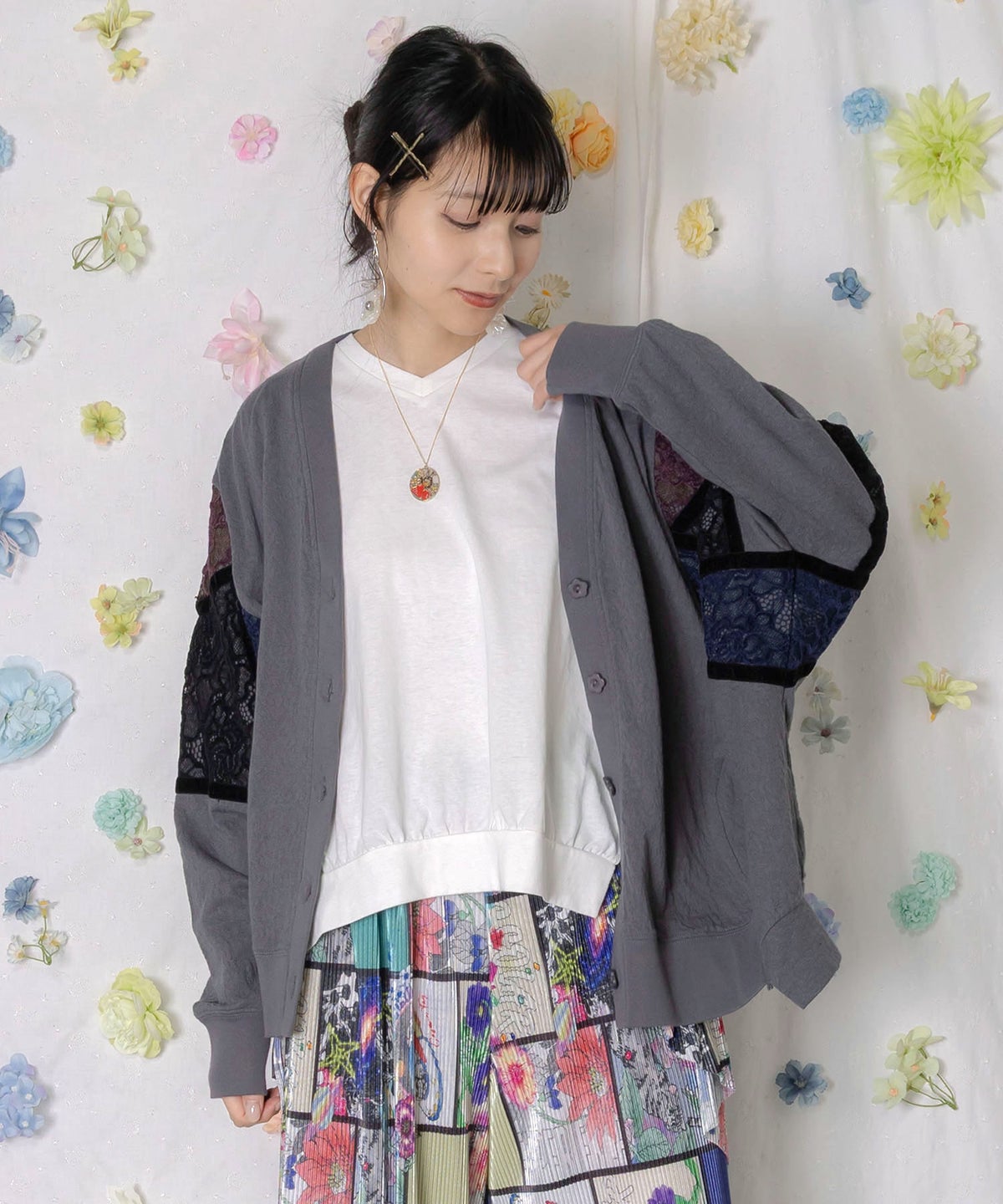 配色花レース×ローズジャガードカーディガン-3