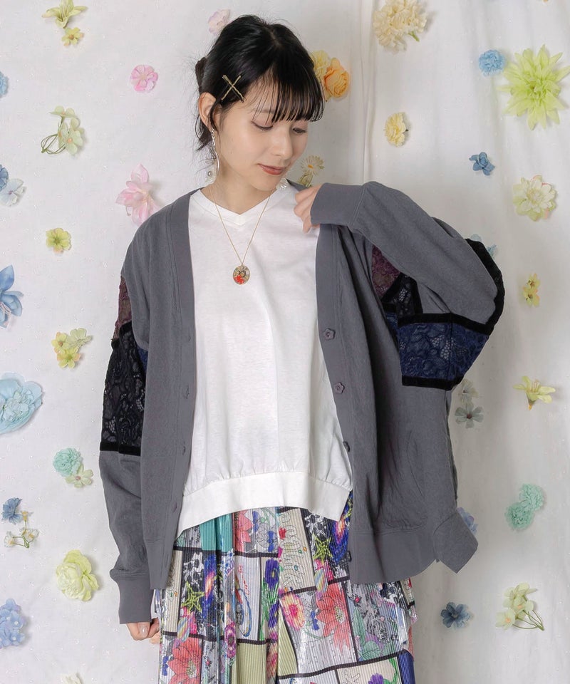 配色花レース×ローズジャガードカーディガン-3