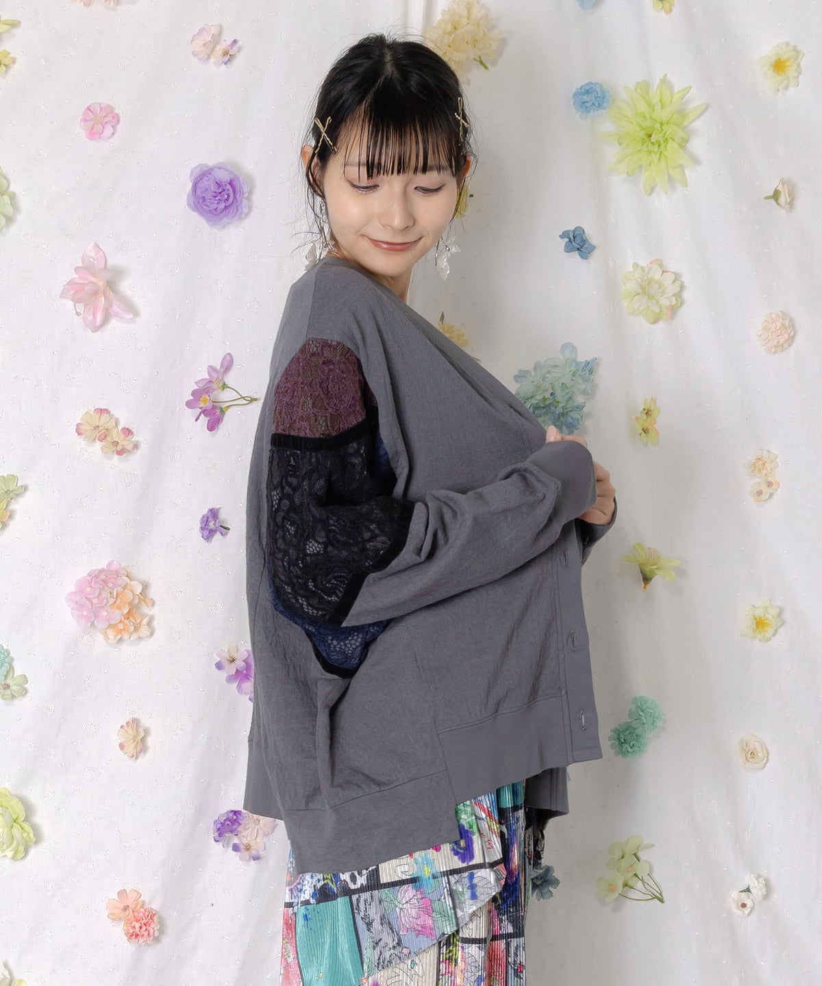 配色花レース×ローズジャガードカーディガン-4