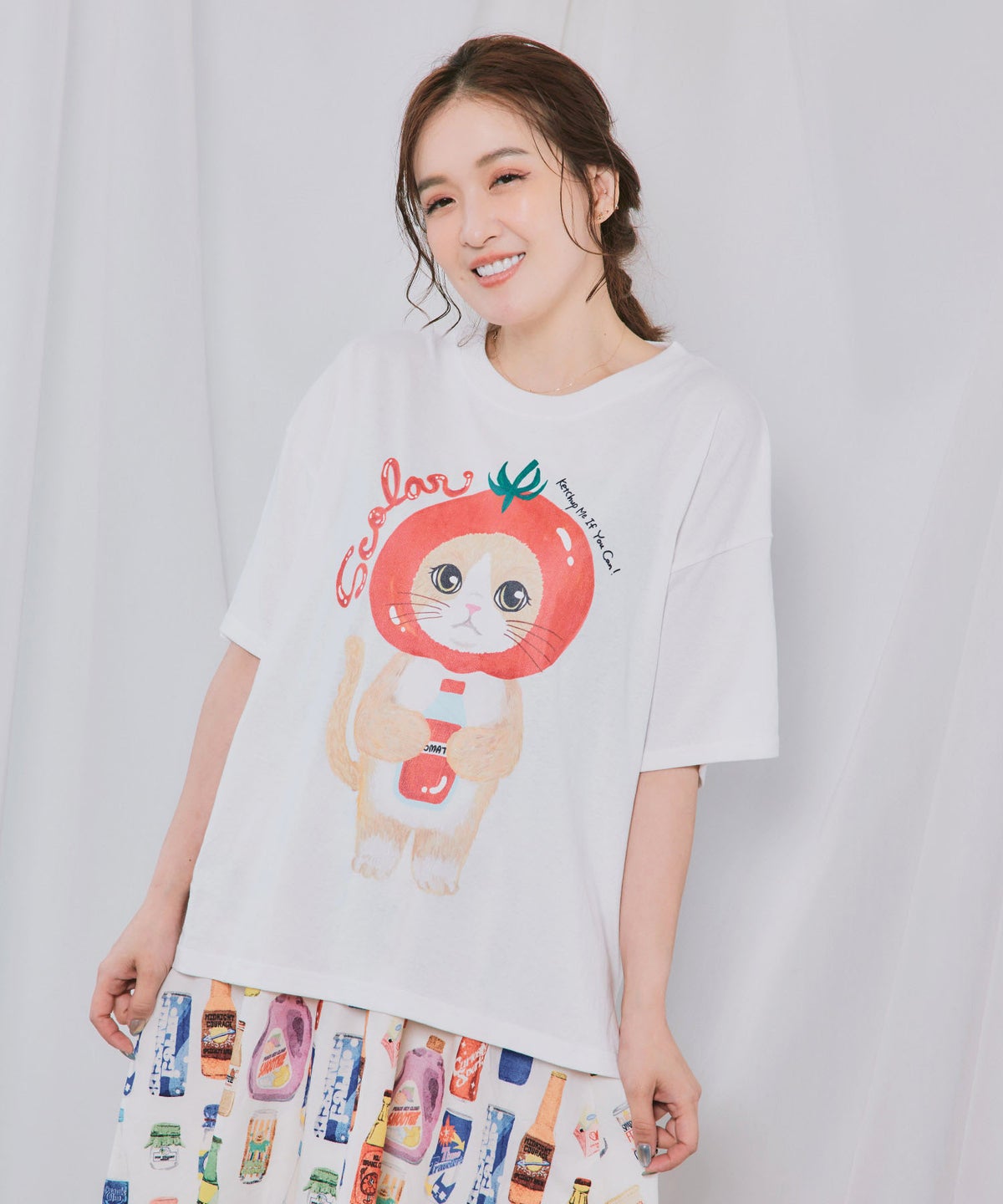トマトにゃんこ柄プリントTシャツ-1
