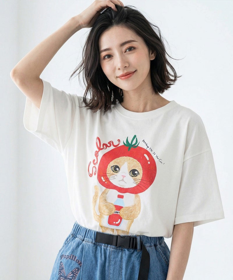 トマトにゃんこ柄プリントTシャツ-7