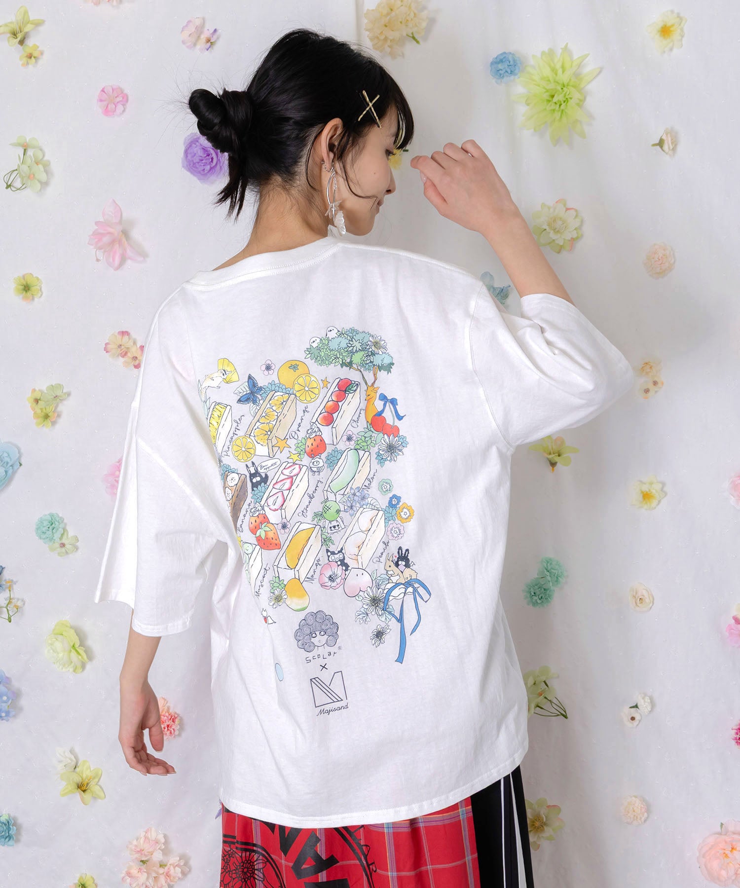 162635：花ネコ発泡プリント ローズジャガードTシャツの通販-ScoLar