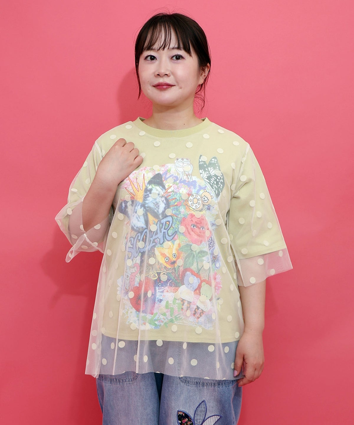 ドットチュール重ねアート柄Tシャツ-1