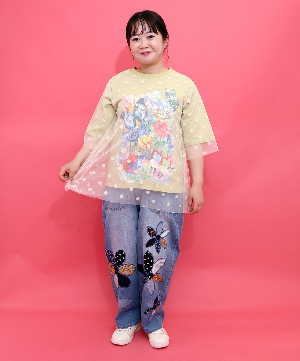 ドットチュール重ねアート柄Tシャツ-2