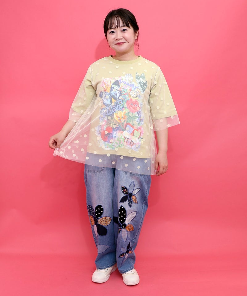 ドットチュール重ねアート柄Tシャツ-2