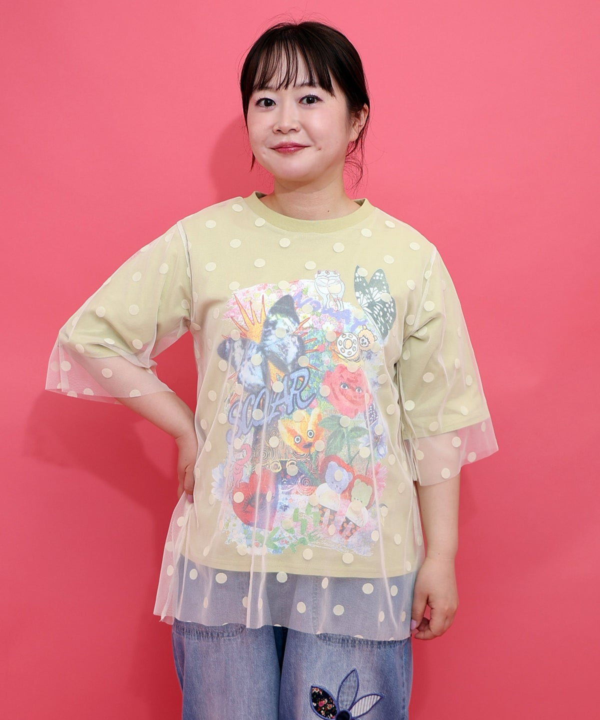 ドットチュール重ねアート柄Tシャツ-3