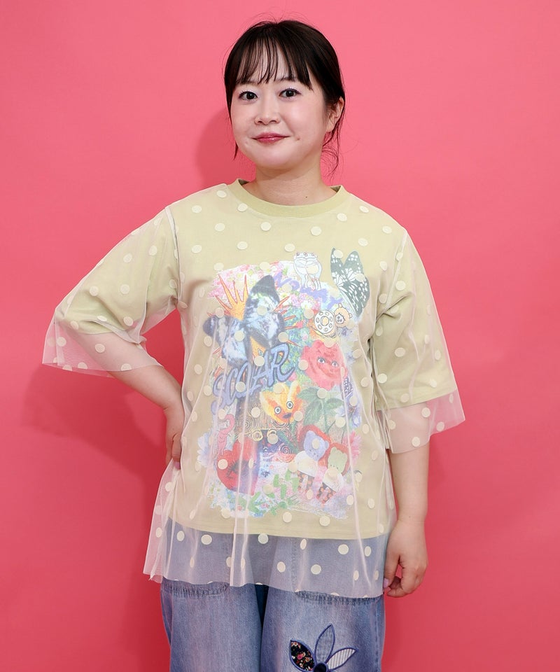 ドットチュール重ねアート柄Tシャツ-3