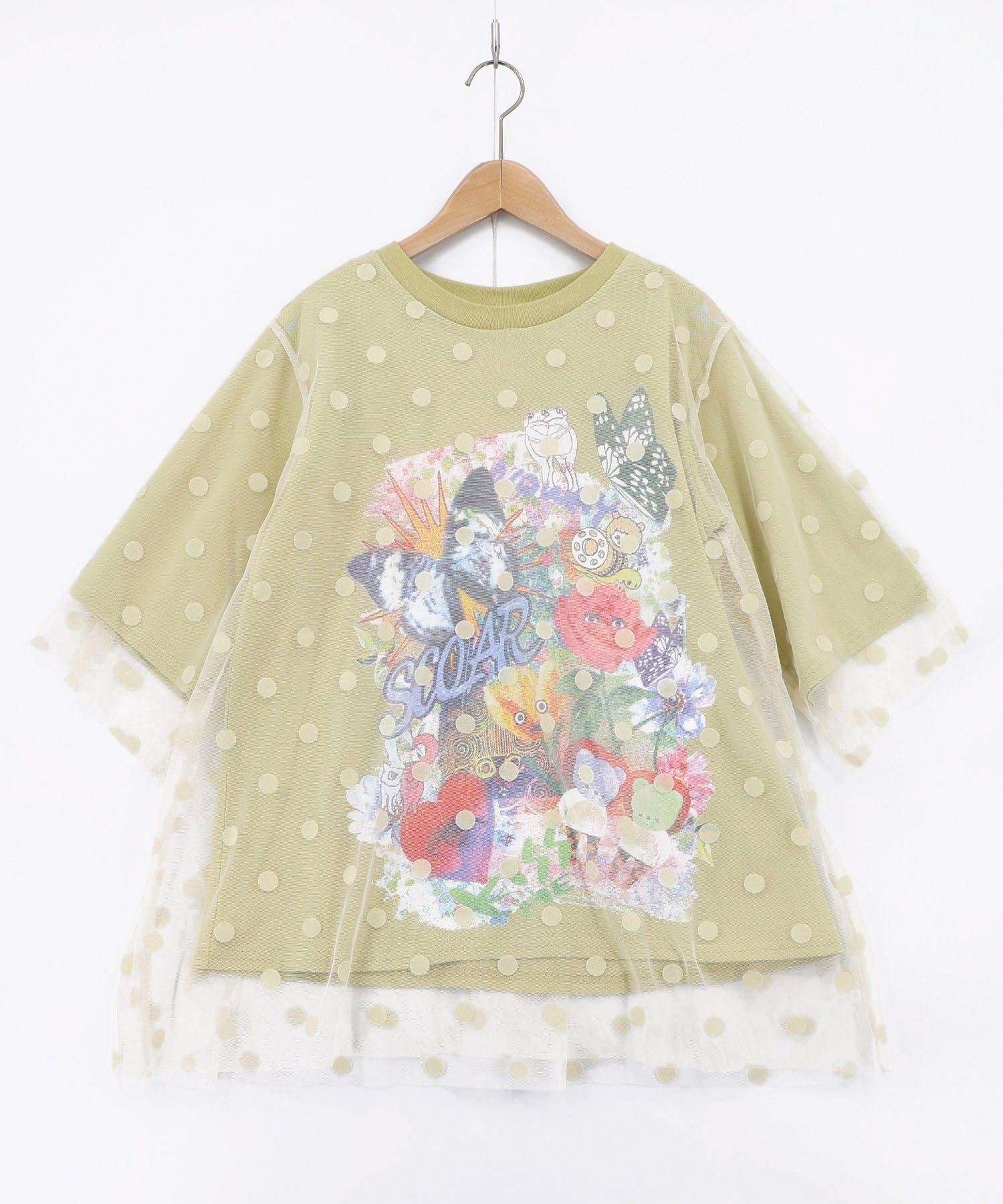 162630：ドットチュール重ねアート柄Tシャツの通販-ScoLar