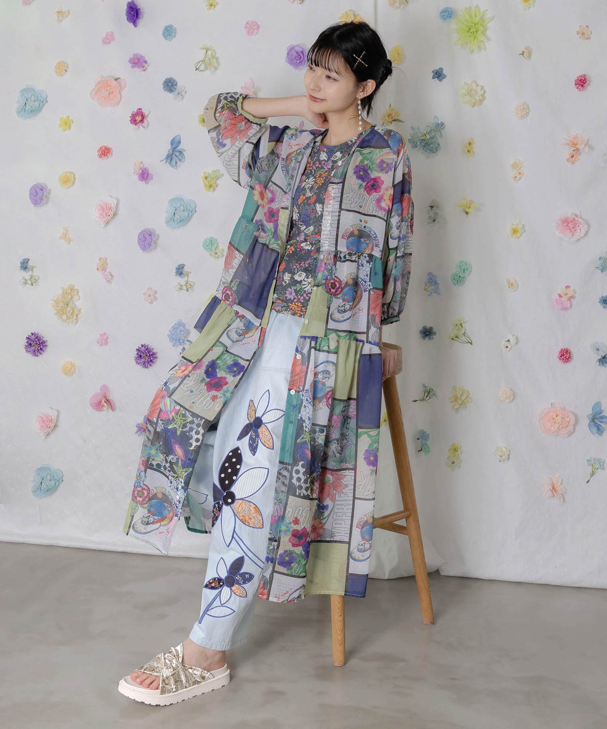 アートコラージュ柄 シャツワンピース-1