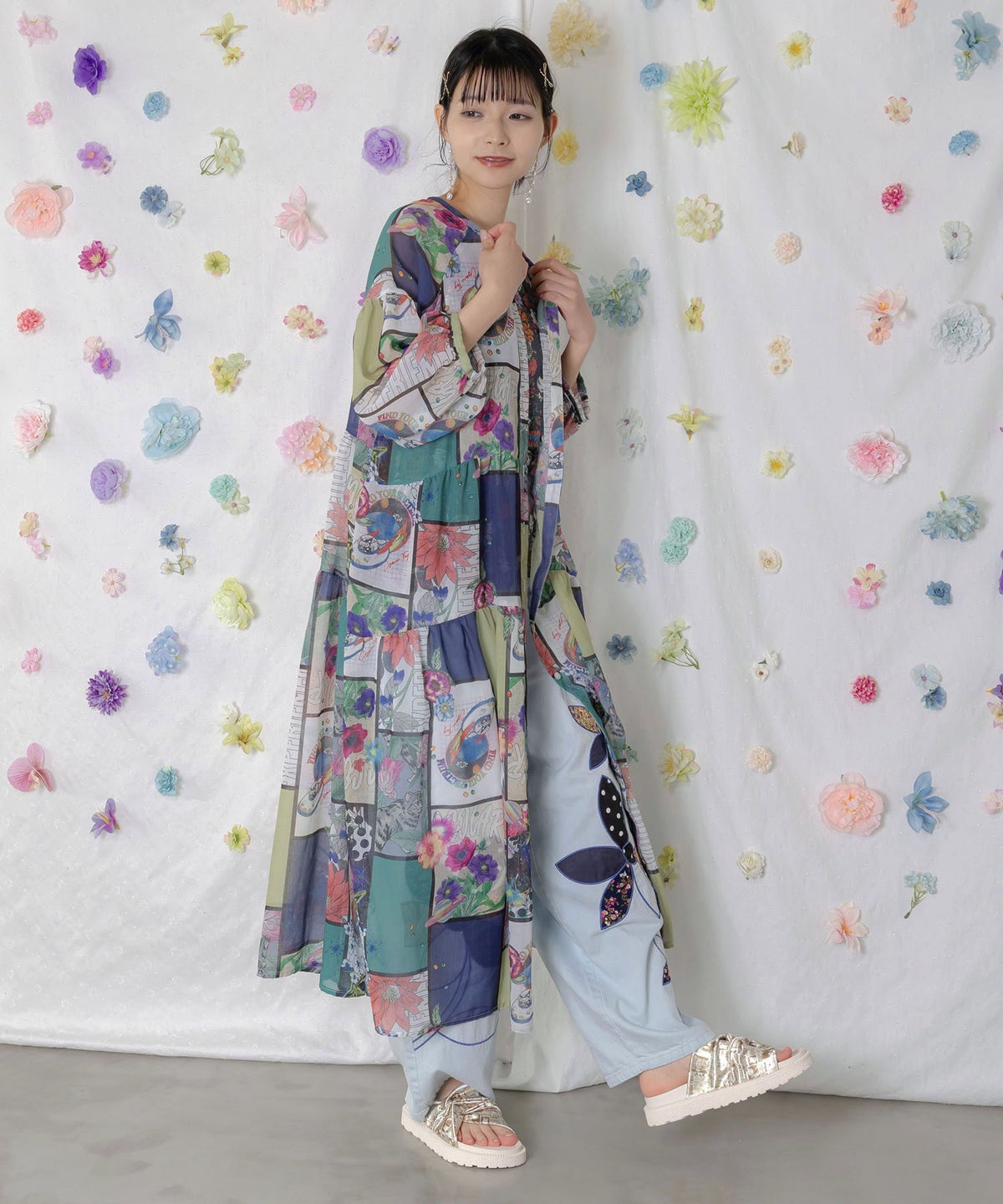 アートコラージュ柄 シャツワンピース-3