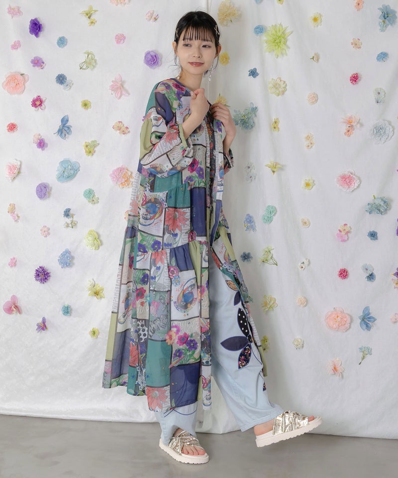 アートコラージュ柄 シャツワンピース-3