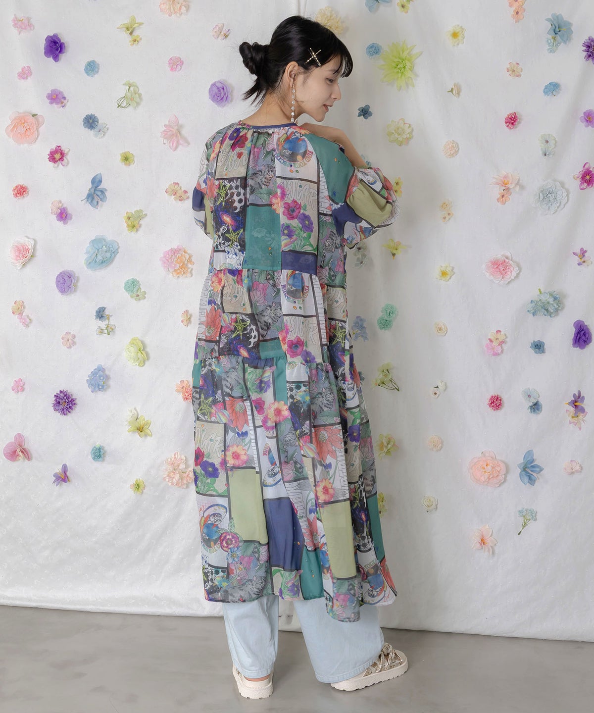 アートコラージュ柄 シャツワンピース-4