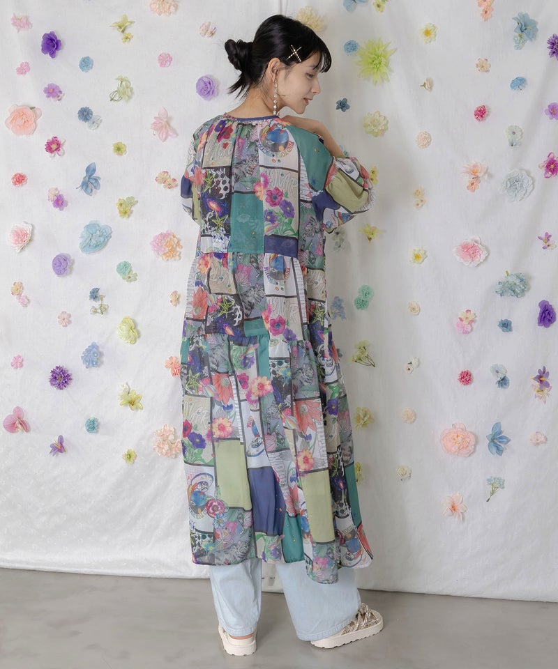 アートコラージュ柄 シャツワンピース-4