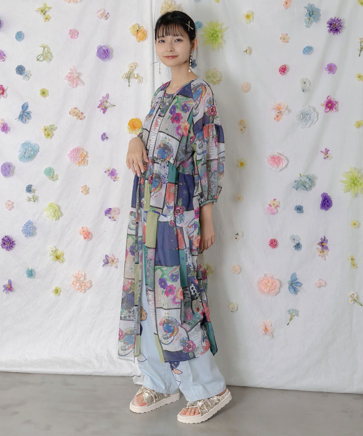 アートコラージュ柄 シャツワンピース-5