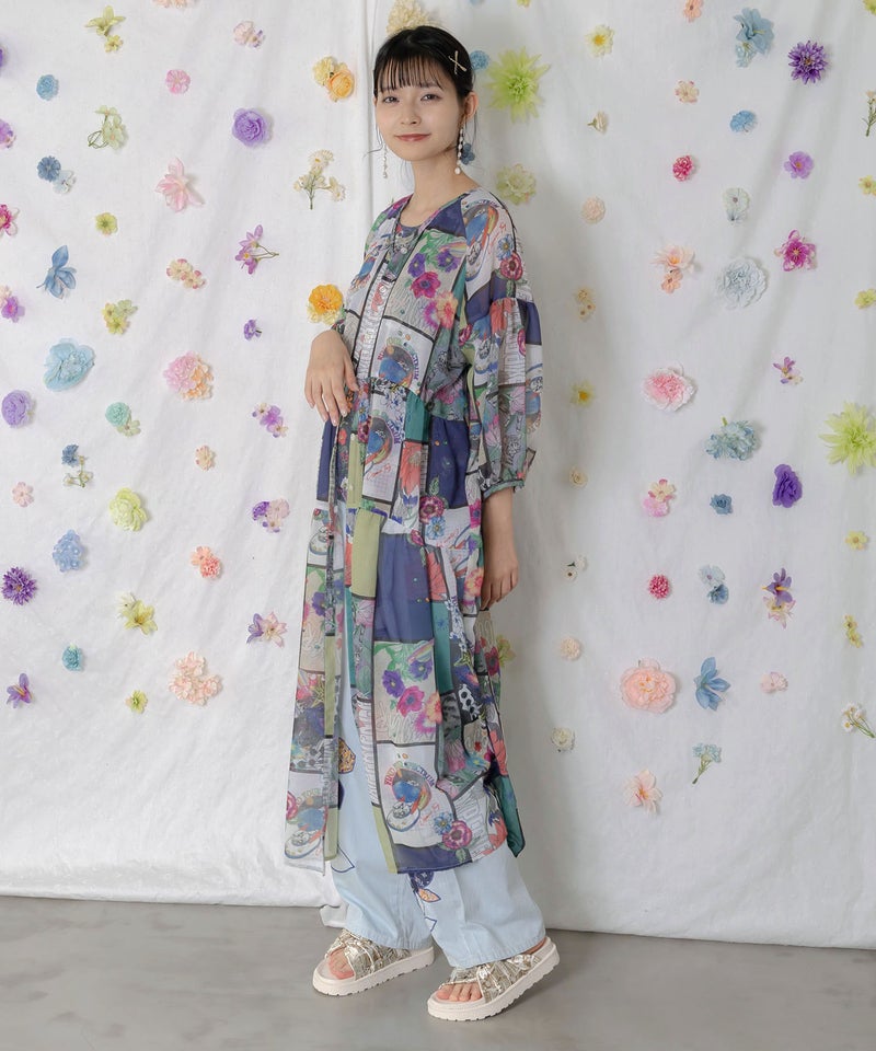 アートコラージュ柄 シャツワンピース-5