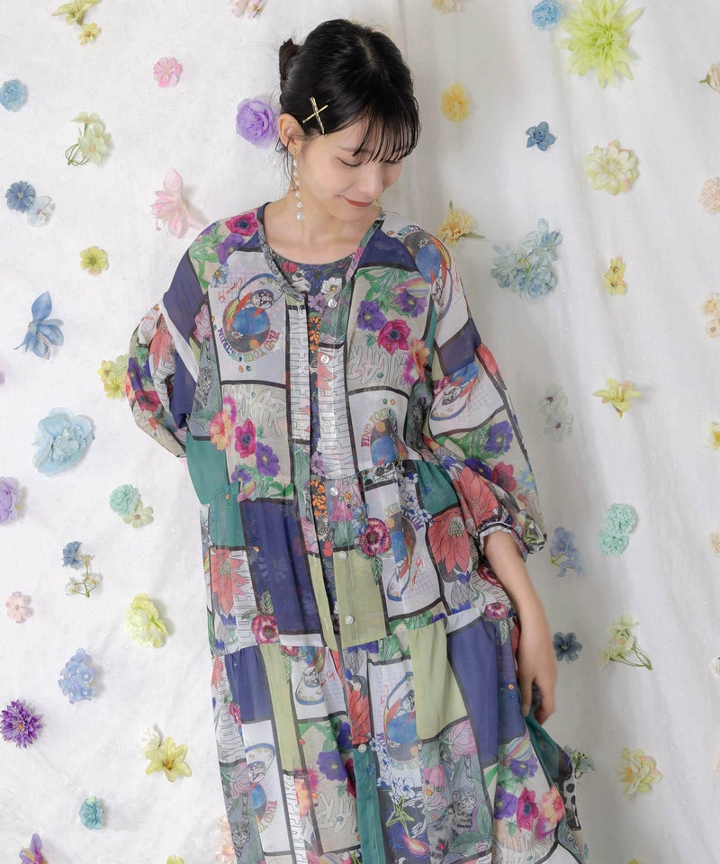 アートコラージュ柄 シャツワンピース-6