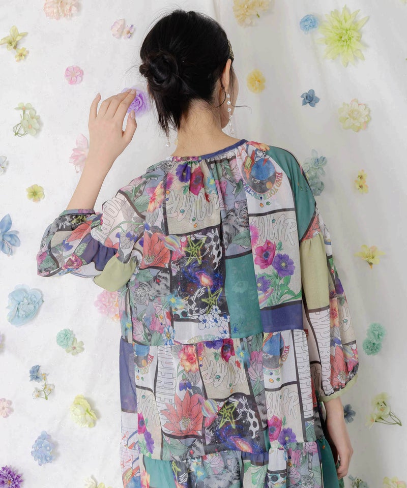 アートコラージュ柄 シャツワンピース-7