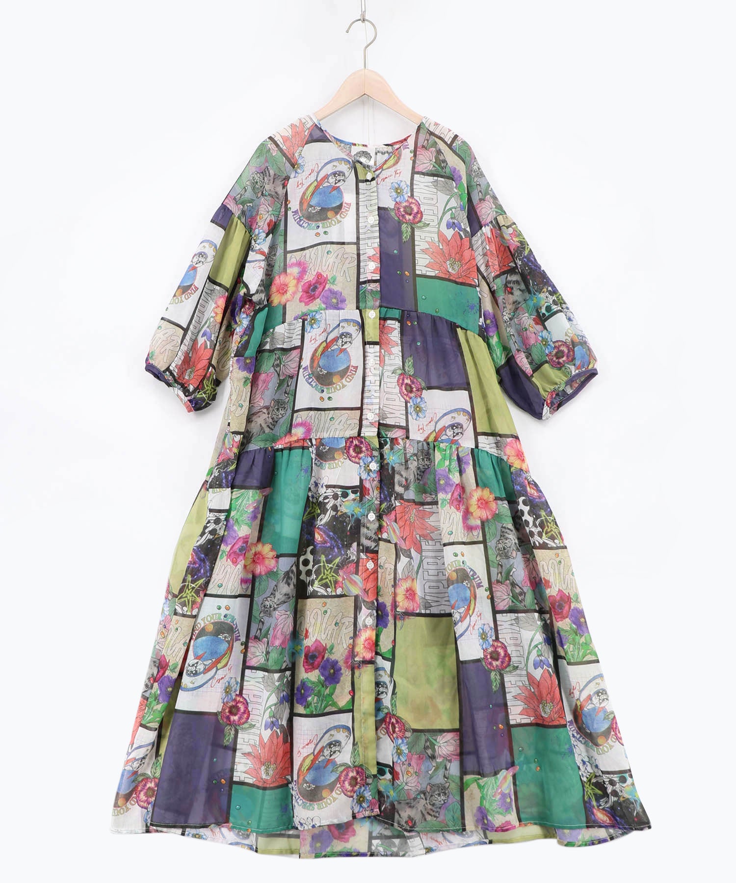 グリーン　ご依頼品 162623：アートコラージュ柄 シャツワンピースの通販-ScoLar