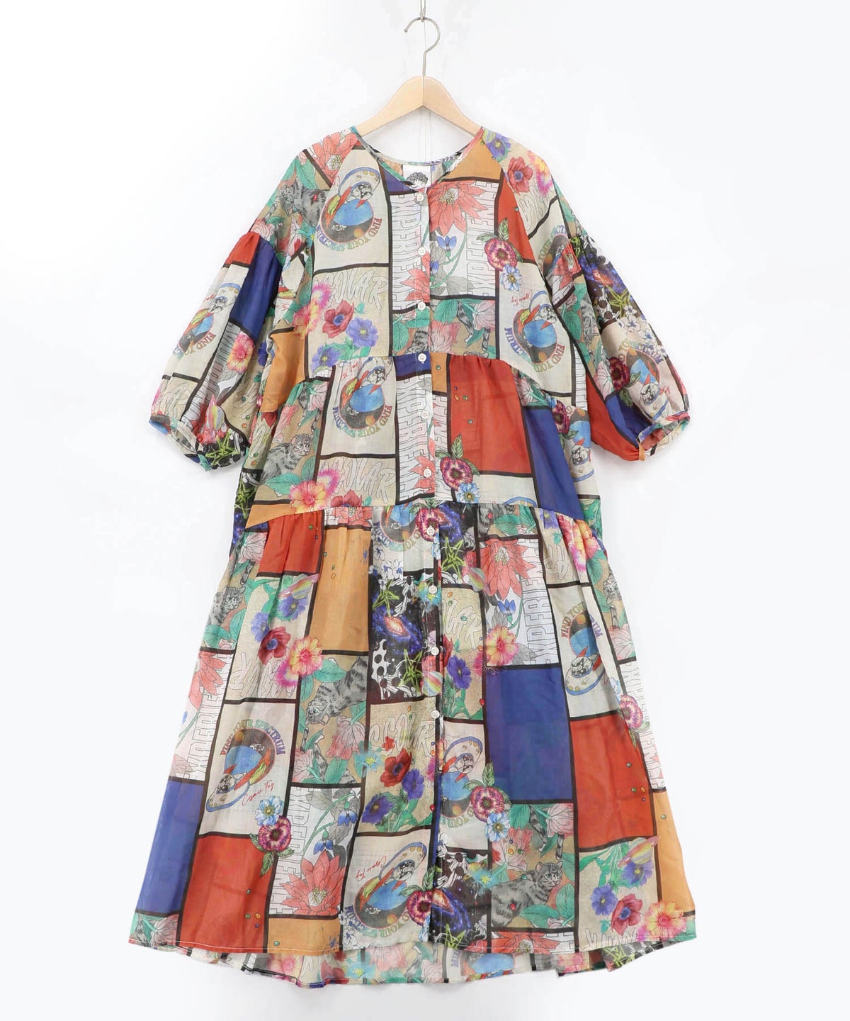 アートコラージュ柄 シャツワンピース-10