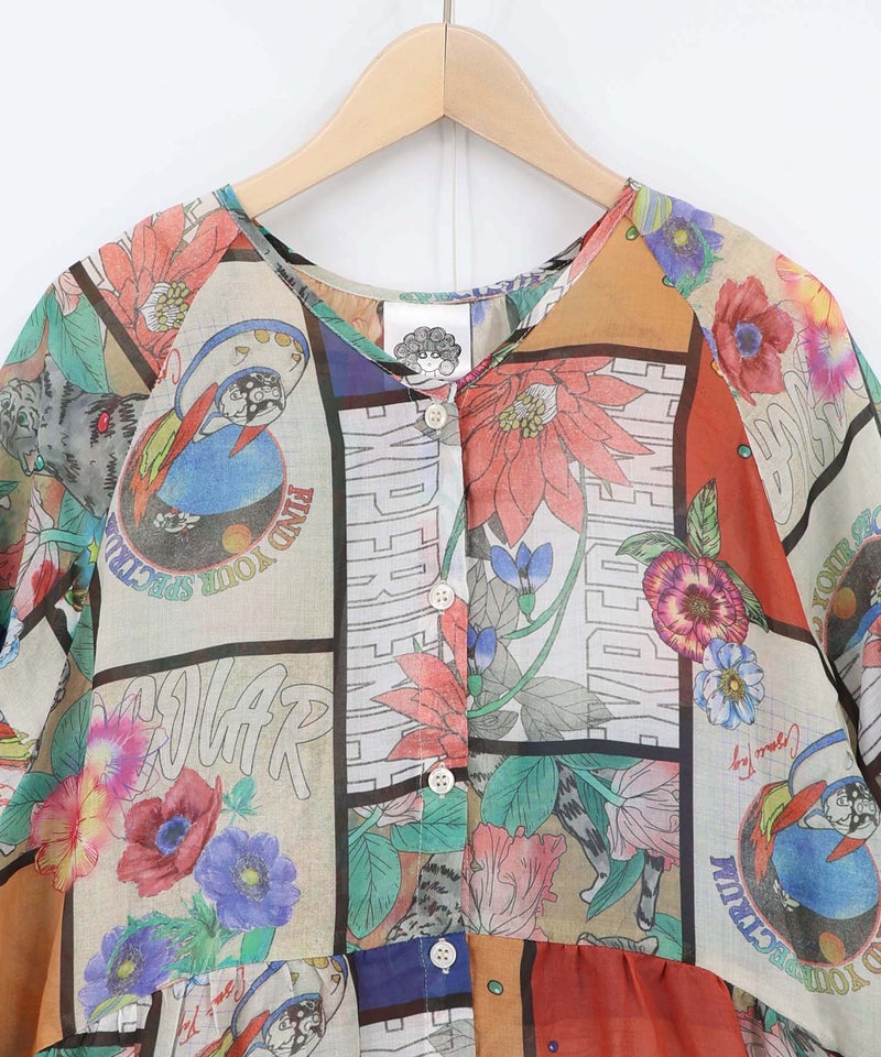 アートコラージュ柄 シャツワンピース-12