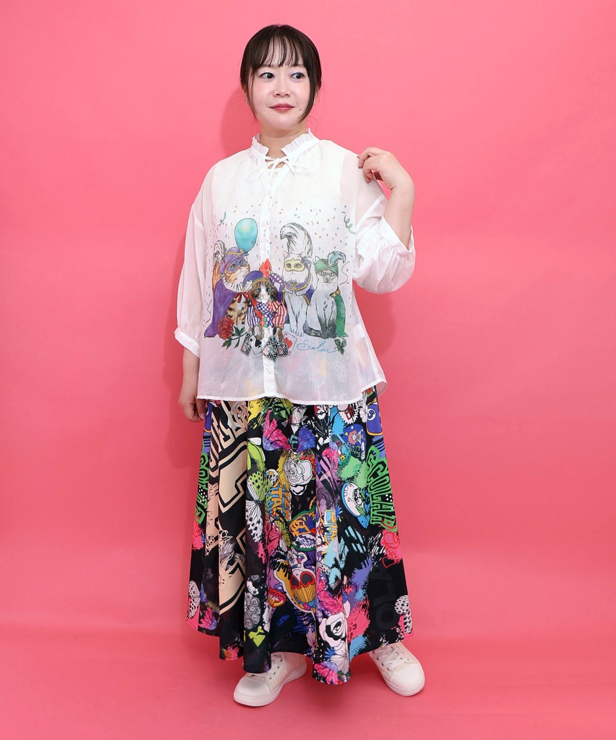 仮面舞踏会のネコ柄 ボイルガーゼシャツ-2