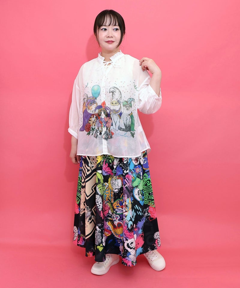 仮面舞踏会のネコ柄 ボイルガーゼシャツ-2