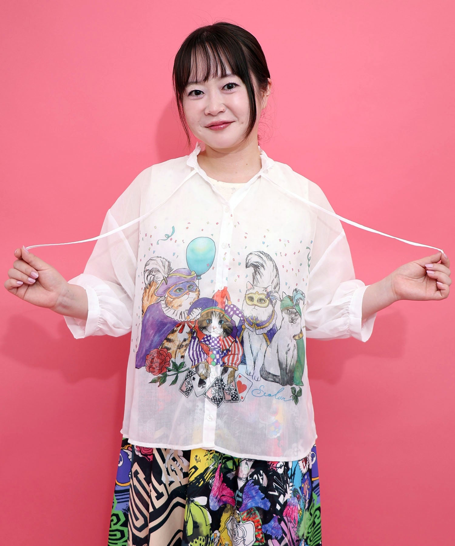 スカラー　scolar 162622：仮面舞踏会のネコ柄 ボイルガーゼシャツ 162622：仮面舞踏会のネコ柄 ボイルガーゼシャツの通販-ScoLar