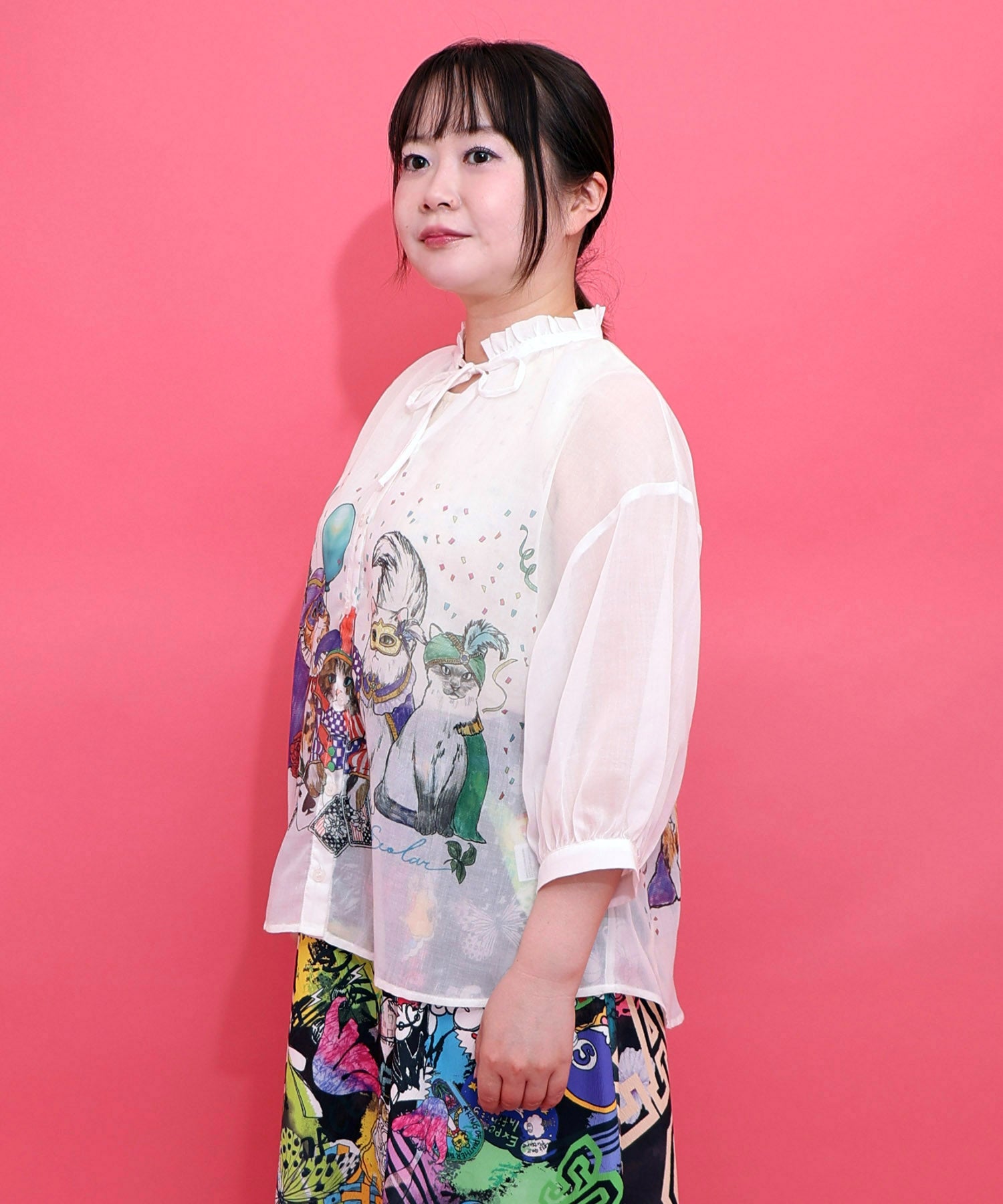スカラー 162622：仮面舞踏会のネコ柄 ボイルガーゼシャツ 162622：仮面舞踏会のネコ柄 ボイルガーゼシャツの通販-ScoLar