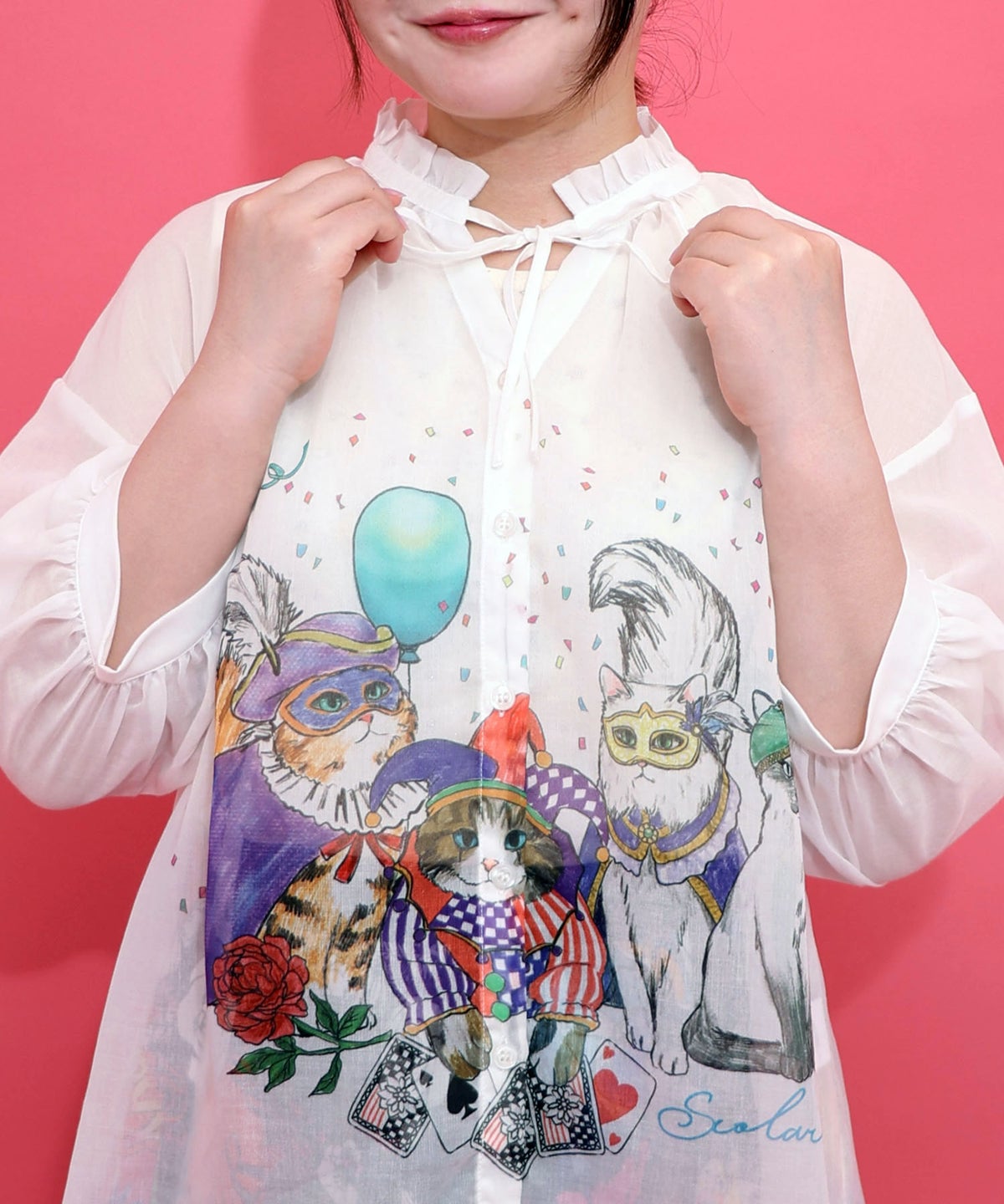 仮面舞踏会のネコ柄 ボイルガーゼシャツ-6