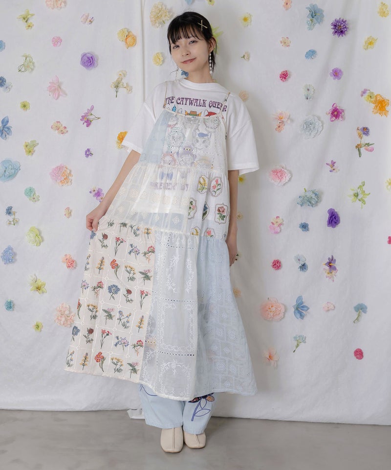 花刺繍×コットンレース×シアー 異素材キャミワンピース-1